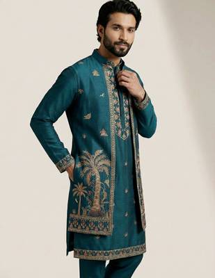 teal doniyar shartin kurta set with long embroidered jacket 2
