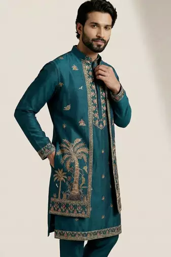teal doniyar shartin kurta set with long embroidered jacket
