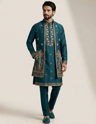 teal doniyar shartin kurta set with long embroidered jacket 3