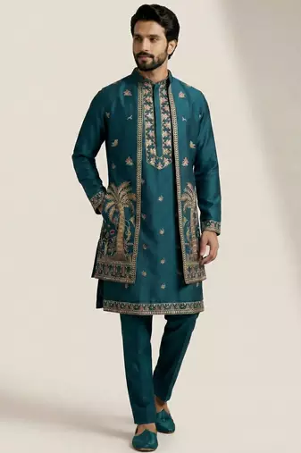 teal doniyar shartin kurta set with long embroidered jacket