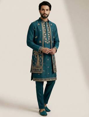 teal doniyar shartin kurta set with long embroidered jacket 4