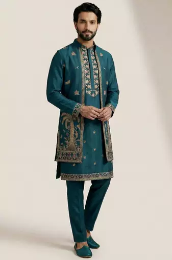 teal doniyar shartin kurta set with long embroidered jacket