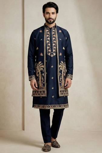 Navy blue doniyar shartin men's kurta pyjama with long jacket