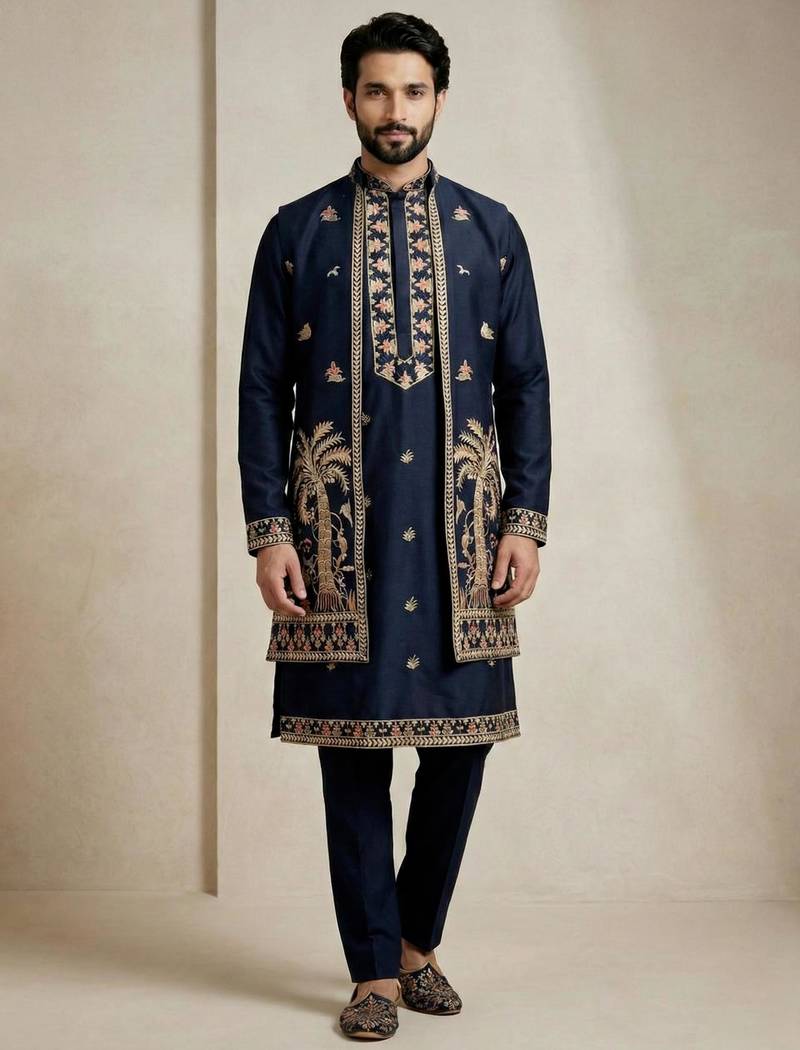 Navy blue doniyar shartin men's kurta pyjama with long jacket