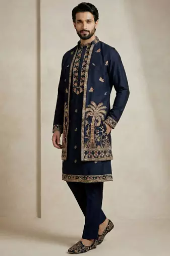 navy blue doniyar shartin kurta set with long embroidered jacket