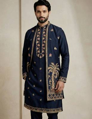 navy blue doniyar shartin kurta set with long embroidered jacket 3