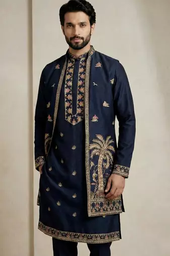 navy blue doniyar shartin kurta set with long embroidered jacket