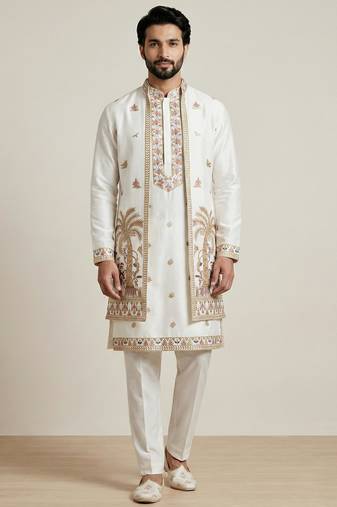 White doniyar shartin men's kurta pyjama with long jacket