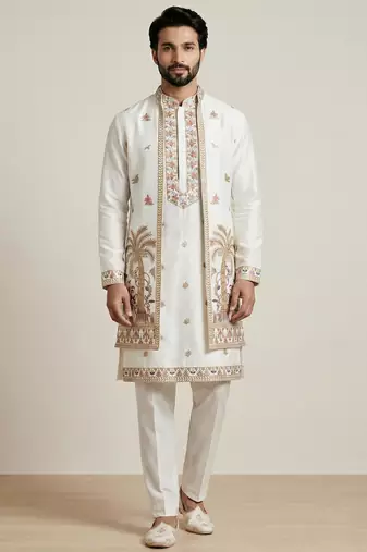 White doniyar shartin men's kurta pyjama with long jacket