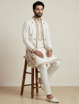 white doniyar shartin kurta set with long embroidered jacket 2
