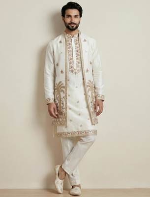 white doniyar shartin kurta set with long embroidered jacket 4