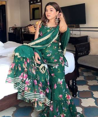 Georgette emerald green floral sharara set 3
