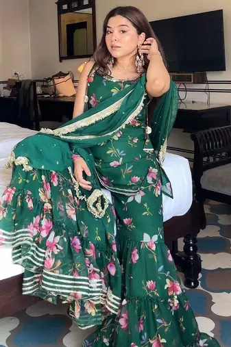 Georgette emerald green floral sharara set
