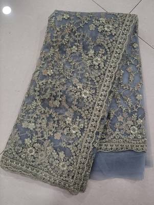 Grey Silver Net Zari Embroidery Saree for Women 8