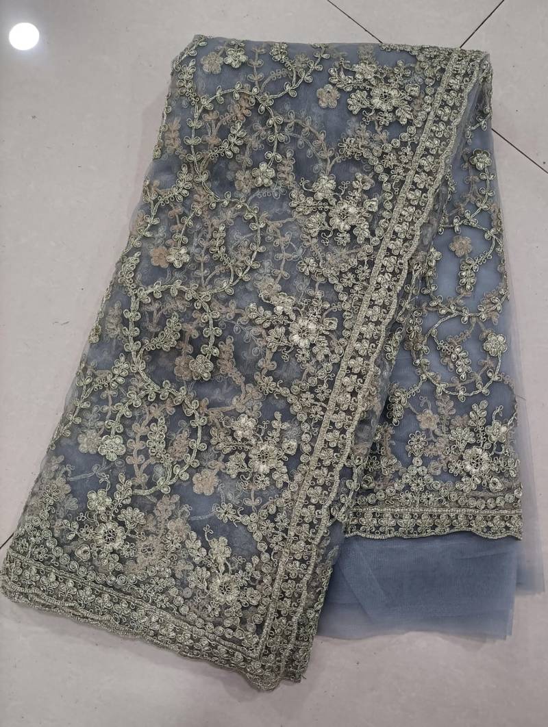 Trendmalls Grey Silver Net Zari Embroidery Saree for Women