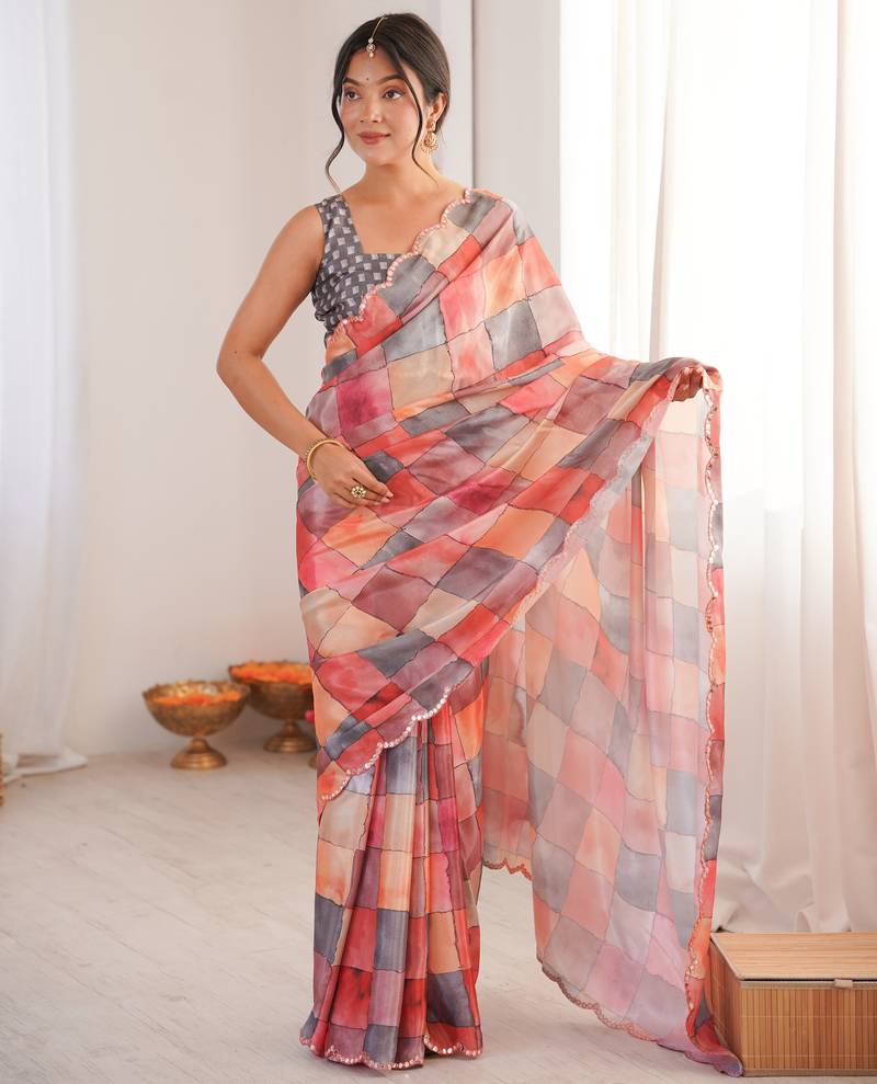 designer multicolor chinon saree with blouse