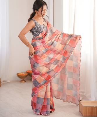 designer multicolor chinon saree with blouse 2