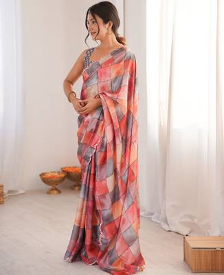 designer multicolor chinon saree with blouse 3