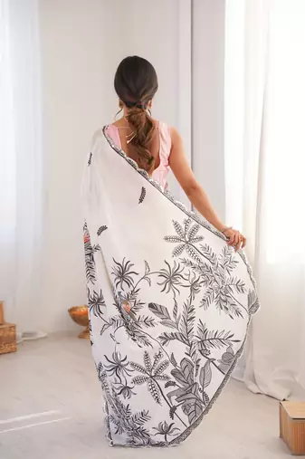 white chinon digital print designer saree