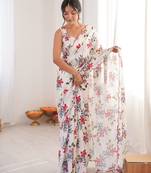 women's multicolor chinon digital floral printed saree