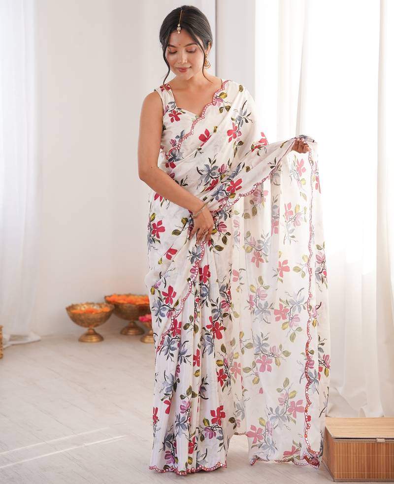 women's multicolor chinon digital floral printed saree