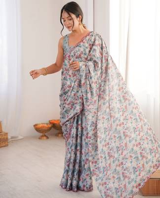 women   s grey printed chinon saree with blouse piece 3
