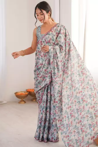women   s grey printed chinon saree with blouse piece
