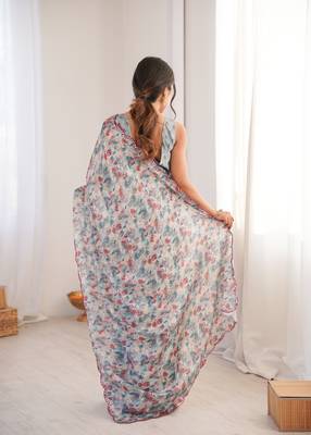 women   s grey printed chinon saree with blouse piece 5