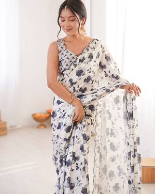 soft off white chinon digital printed saree with blouse 4