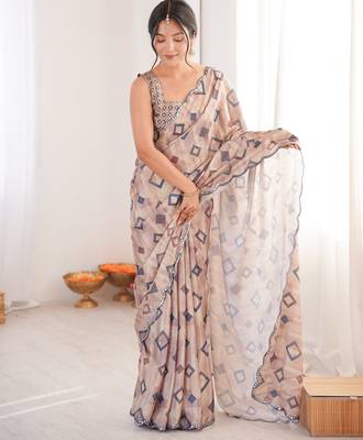 women's digital printed beige chinon saree with blouse 1