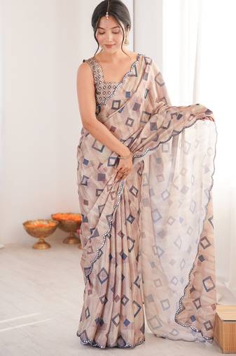 women's digital printed beige chinon saree with blouse