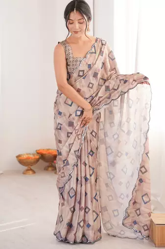 women's digital printed beige chinon saree with blouse