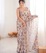 women's digital printed beige chinon saree with blouse