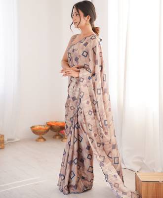 women's digital printed beige chinon saree with blouse 3
