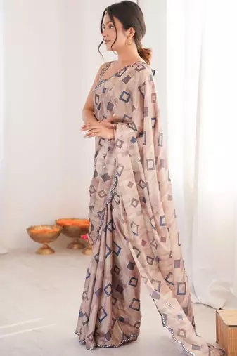 women's digital printed beige chinon saree with blouse