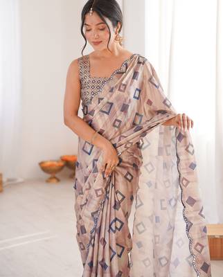 women's digital printed beige chinon saree with blouse 4