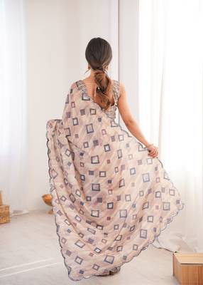 women's digital printed beige chinon saree with blouse 5