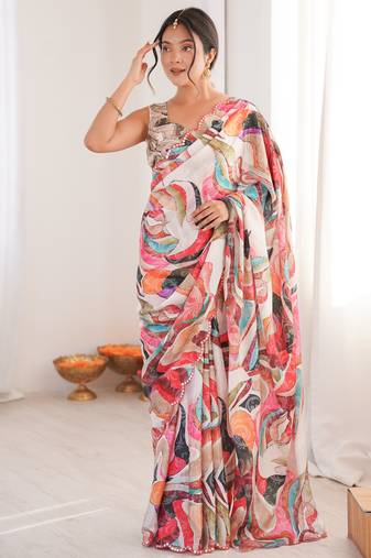 multicolor chinon designer saree with digital print blouse