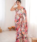 multicolor chinon designer saree with digital print blouse