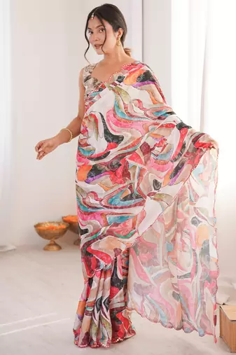multicolor chinon designer saree with digital print blouse