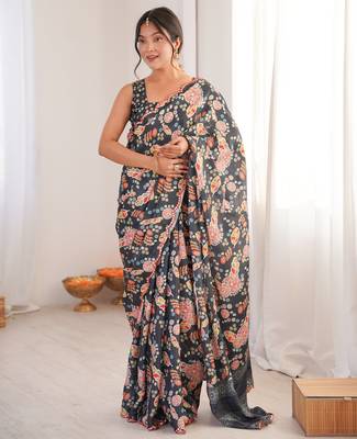 women's designer black chinon printed saree with blouse 1
