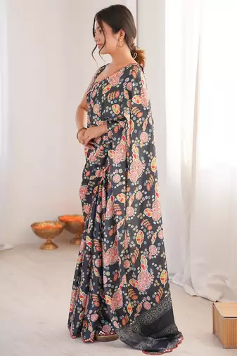 women's designer black chinon printed saree with blouse
