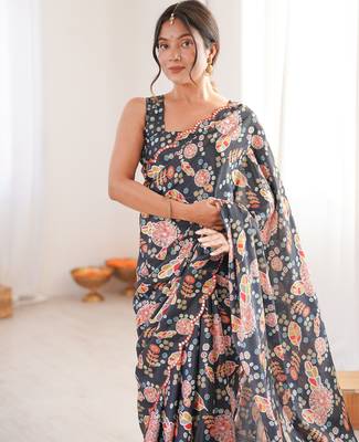 women's designer black chinon printed saree with blouse 4
