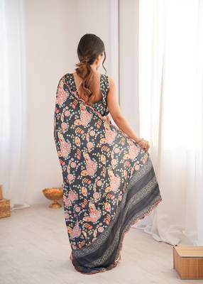 women's designer black chinon printed saree with blouse 5