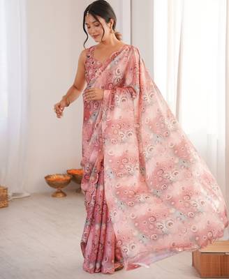 peach chinon designer printed saree with blouse 2
