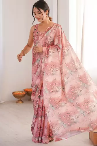peach chinon designer printed saree with blouse