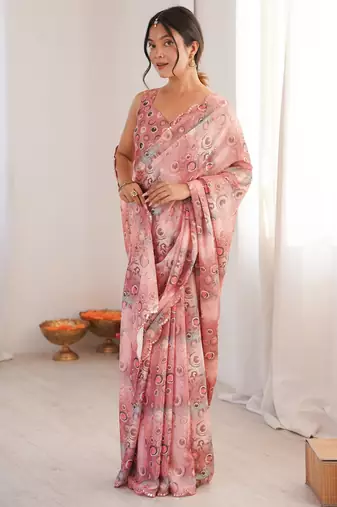 peach chinon designer printed saree with blouse