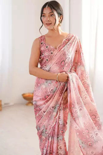 peach chinon designer printed saree with blouse