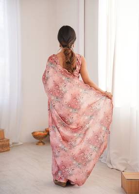 peach chinon designer printed saree with blouse 5