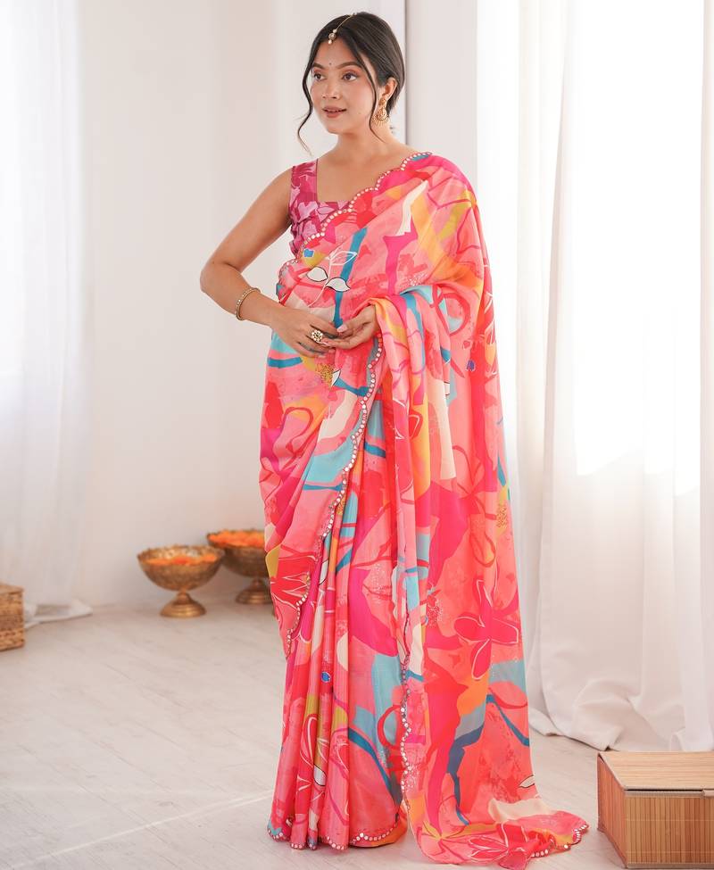 multicolor digital printed chinon saree for women